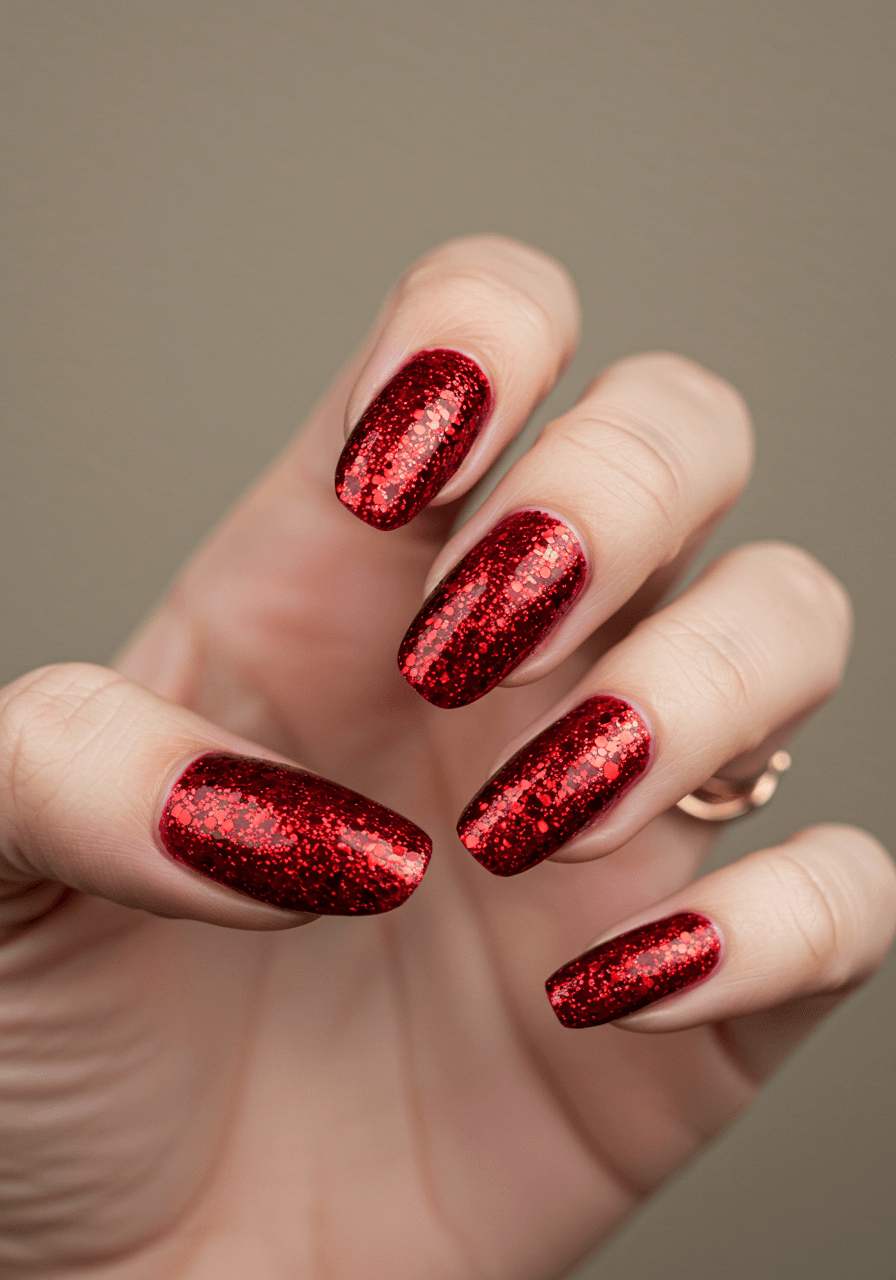 Ruby red full glitter coverage nails with deep sparkle and metallic finish