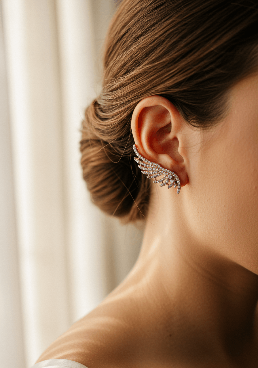 Angel wing climber earrings with pavé diamonds in rose gold worn by bride with soft updo in golden light