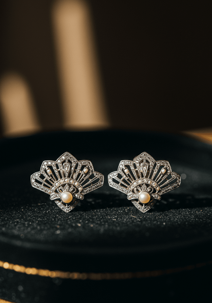 Art Deco fan-shaped wedding earrings with geometric pavé diamonds and seed pearls on black velvet display