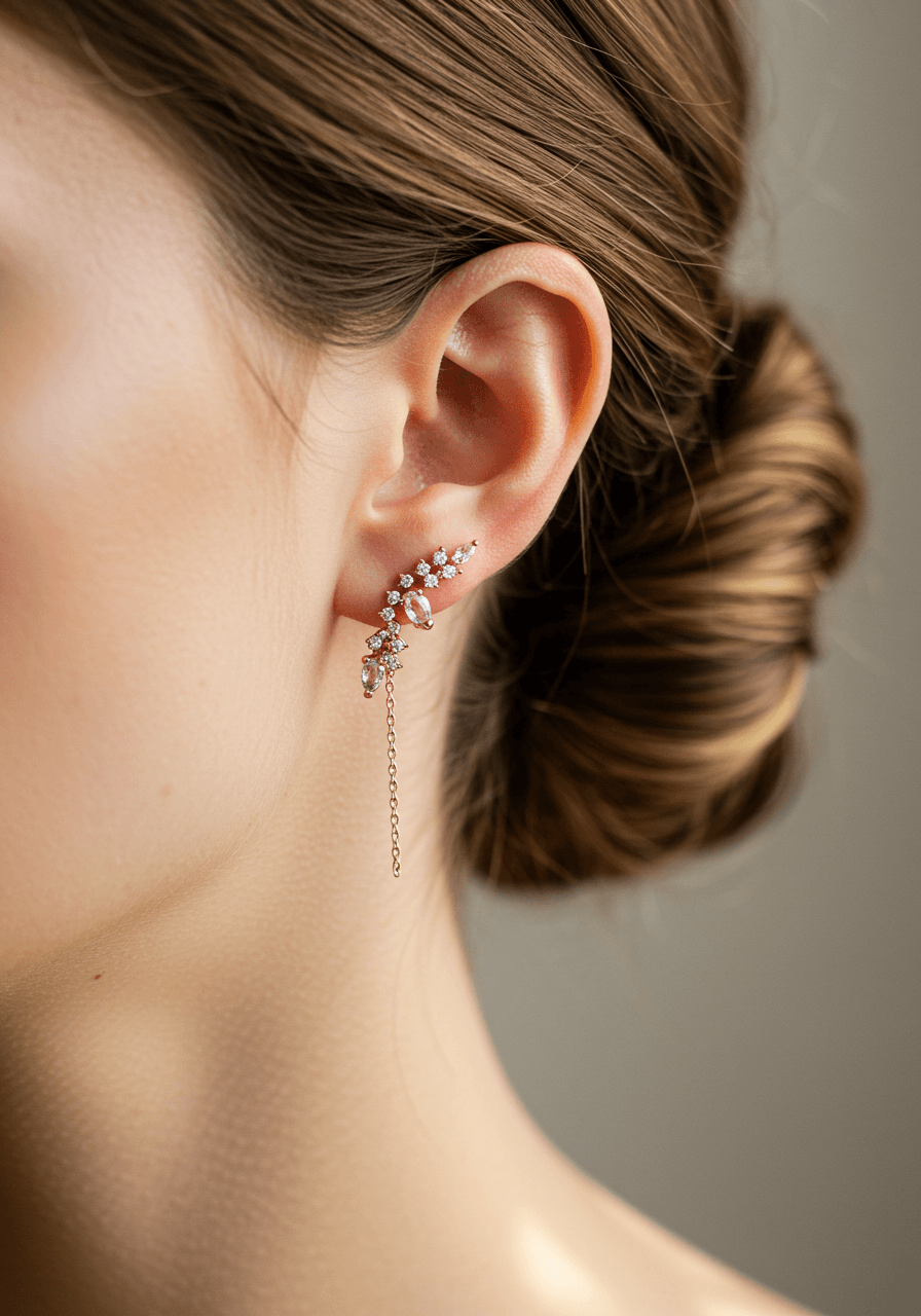 Asymmetrical earring in rose gold with chain drop, diamonds, and morganite accent worn by bride in luxury boutique