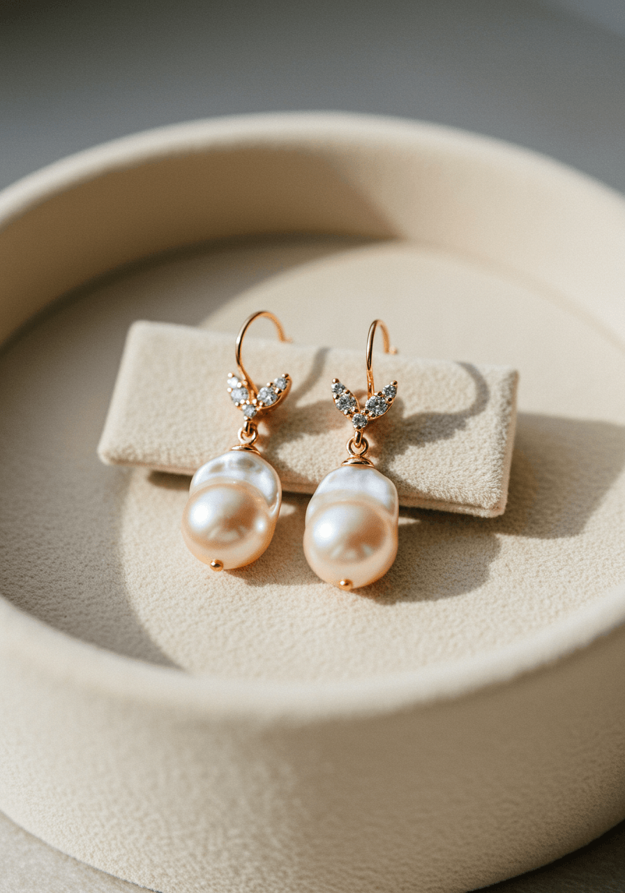 Organic freshwater baroque pearl drop earrings in rose gold settings on ivory silk jewellery tray