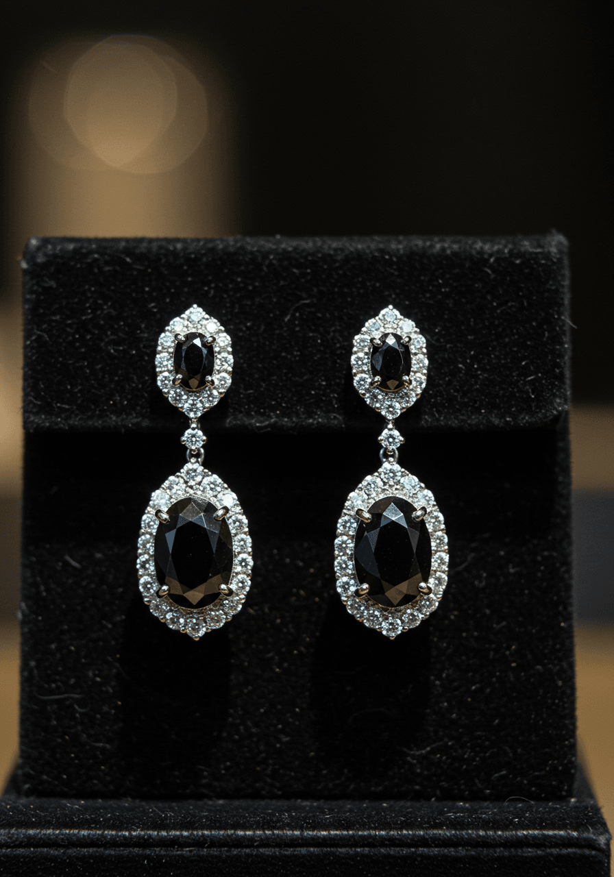 Black diamond drop earrings with white diamond halos in platinum on black velvet display in luxury boutique