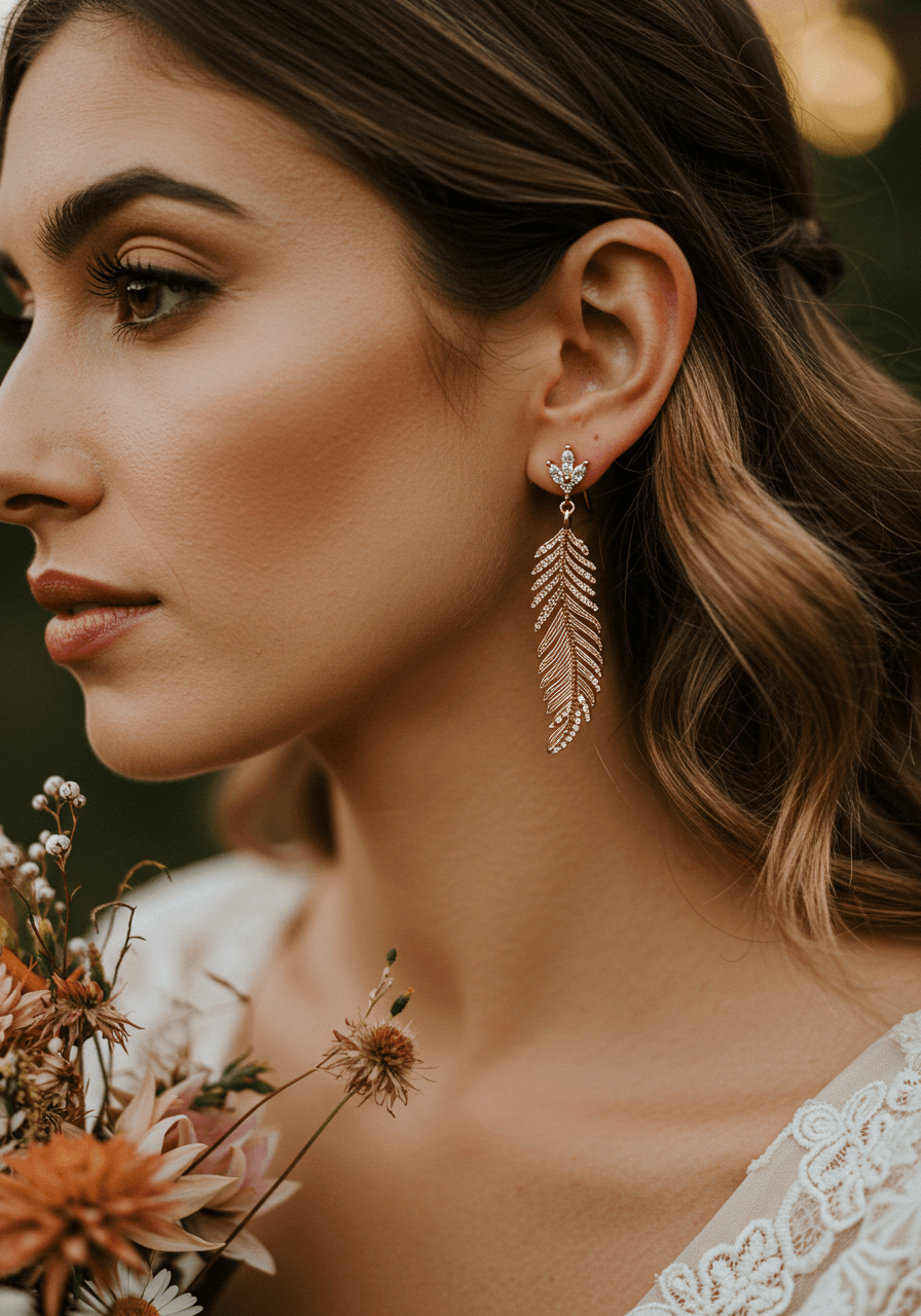 Bohemian feather-inspired wedding earrings in rose gold with diamonds and pearls in garden setting with wildflowers
