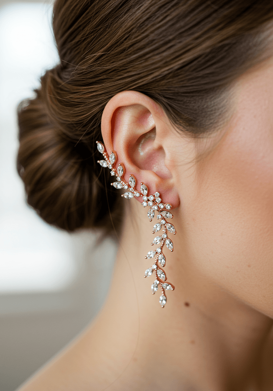 Crystal vine climber earrings with rose gold tendrils and diamond accents worn by bride with soft updo