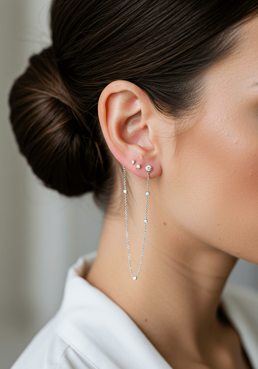Delicate diamond chain stud earrings with short fine links worn by bride with sophisticated low bun