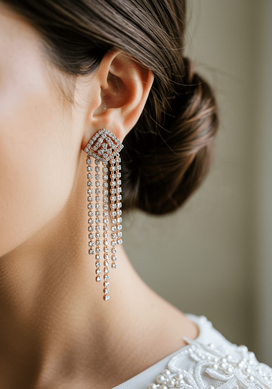 Cascading crystal fringe wedding earrings with tiered brilliant crystals and rose gold framework worn by bride