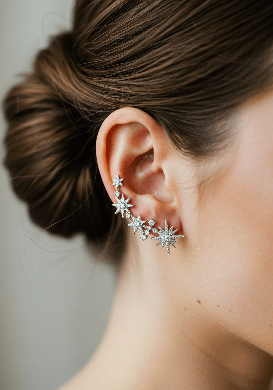 Celestial starburst climber earrings with cascading diamond clusters worn by bride with elegant updo