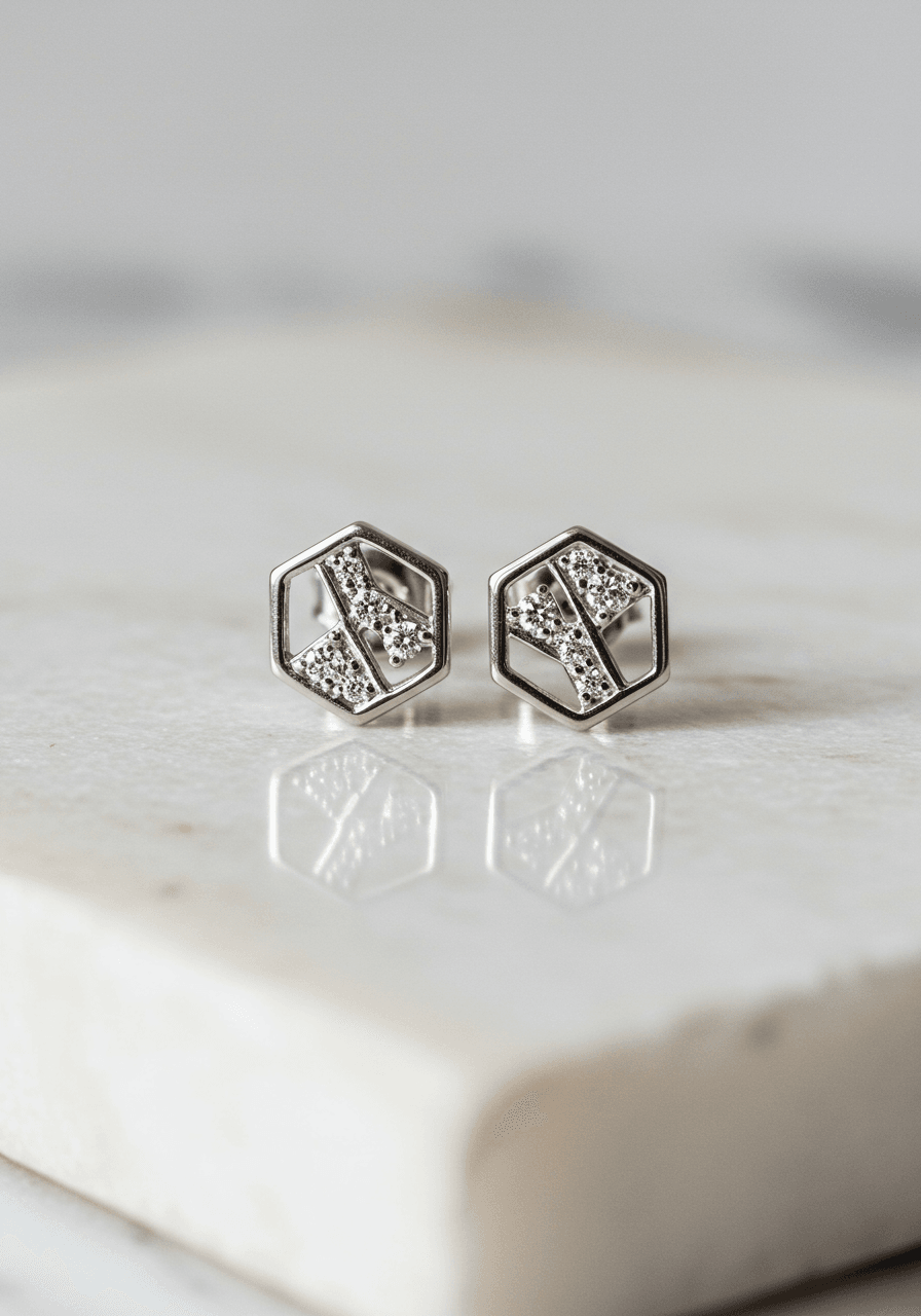 Geometric hexagon diamond stud earrings on white marble display showcasing brilliant-cut stones in white gold