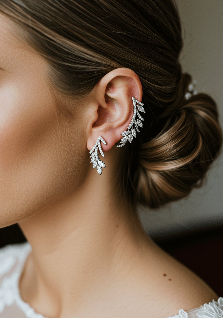 Elegant ear jacket earrings with marquise diamond front stud and geometric back piece worn by bride in luxurious suite