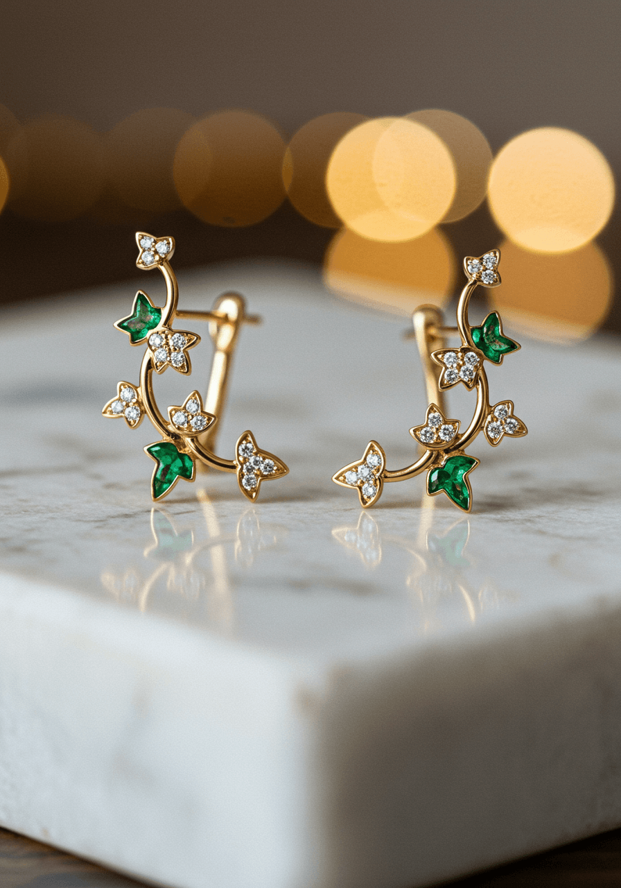 Elegant ivy leaf ear climber earrings in yellow gold with emerald accents and pavé diamonds on marble display