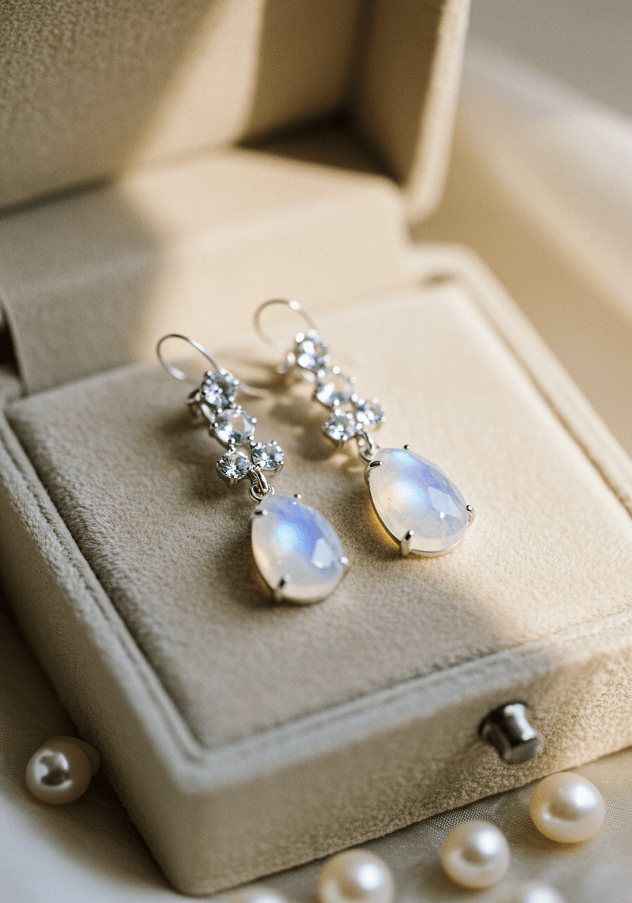Ethereal moonstone drop earrings with iridescent glow on silk-lined jewellery box in golden hour lighting