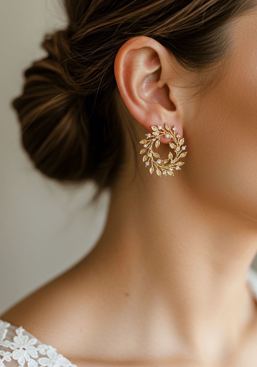 Golden wildflower wreath drop earrings with champagne diamonds worn by bride with romantic updo in morning light