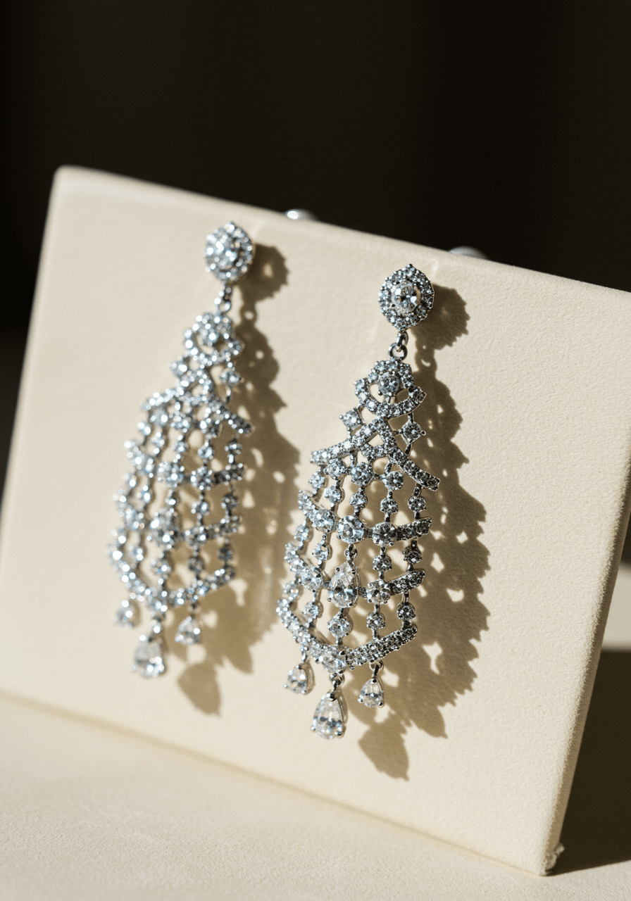 Stunning grand chandelier wedding earrings with cascading diamond tiers on cream silk in luxury bridal boutique