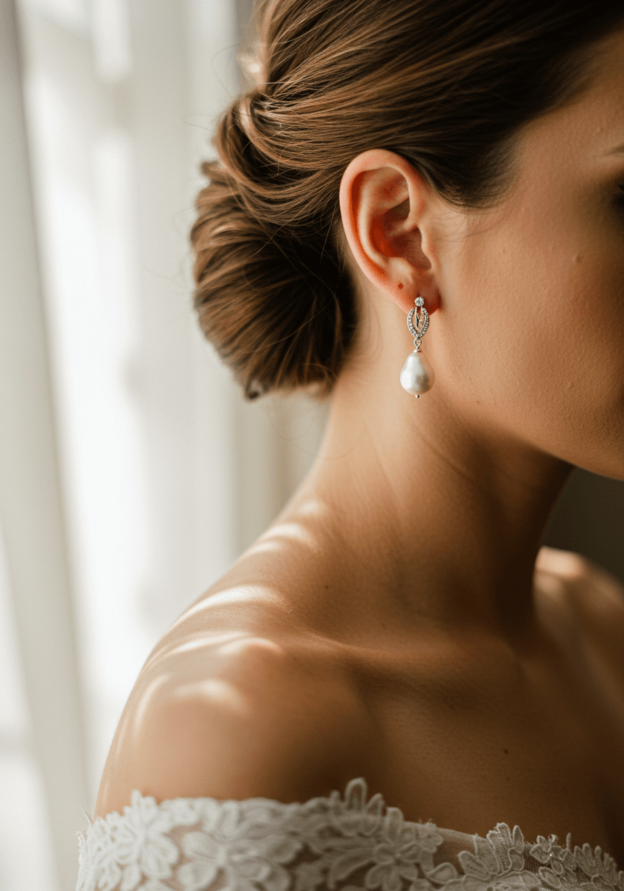 Elegant bride wearing luminous pearl drop earrings with romantic updo in golden bridal suite lighting