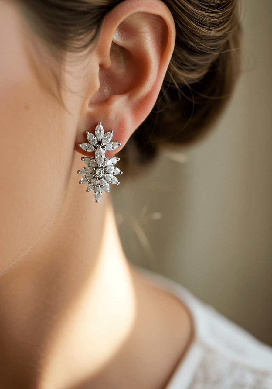 Marquise diamond cluster wedding earrings in white gold worn by bride with soft updo in natural window light