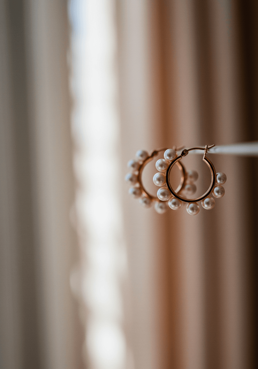 Modern pearl hoop earrings with rose gold setting worn by bride in elegant bridal suite with soft natural lighting