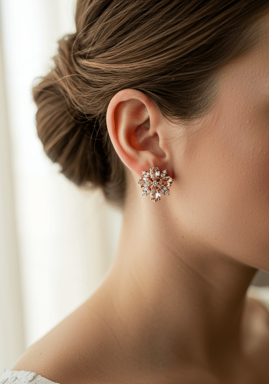 Romantic morganite cluster wedding earrings in rose gold with diamond accents worn by bride in golden hour lighting