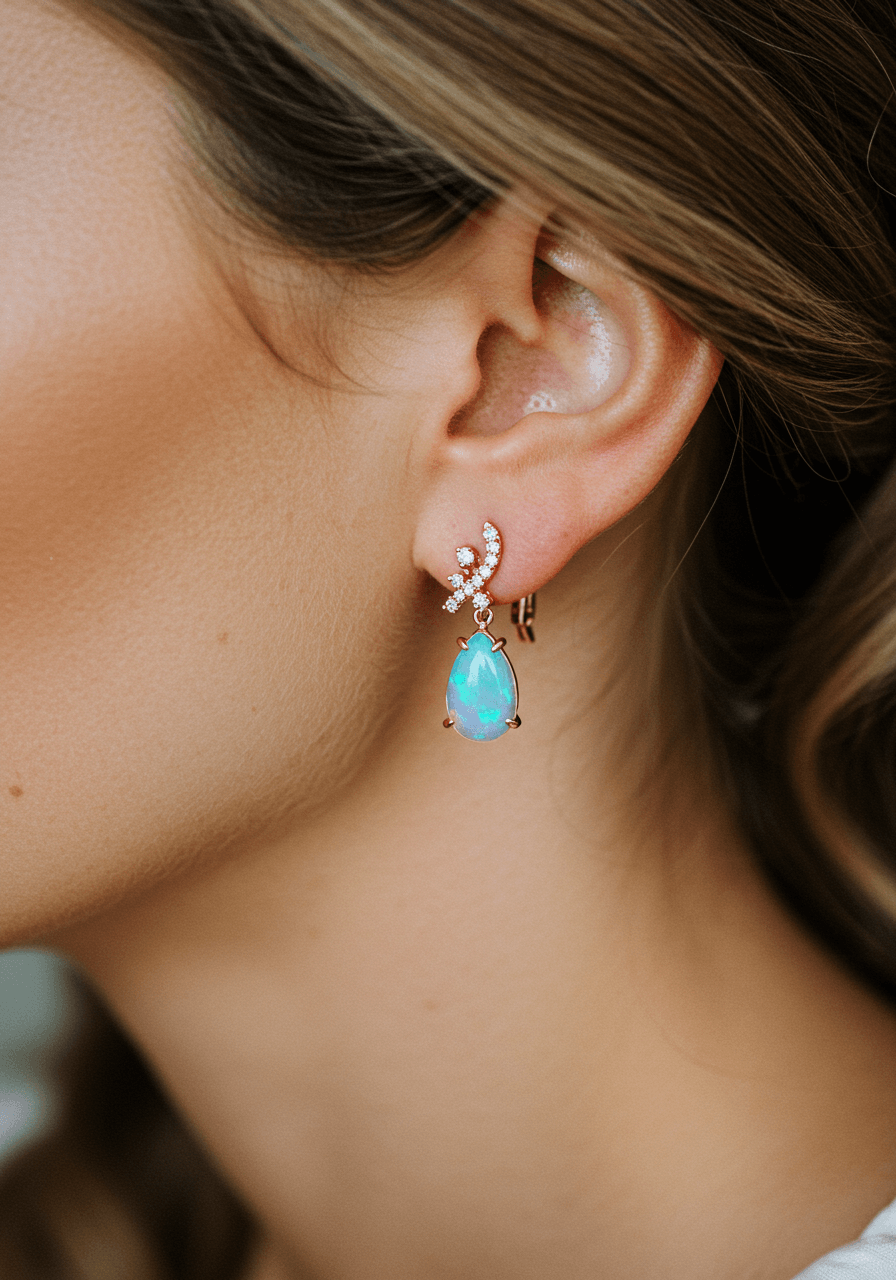 Ethereal opal drop earrings showing play of colour worn by bride with romantic updo in golden window light