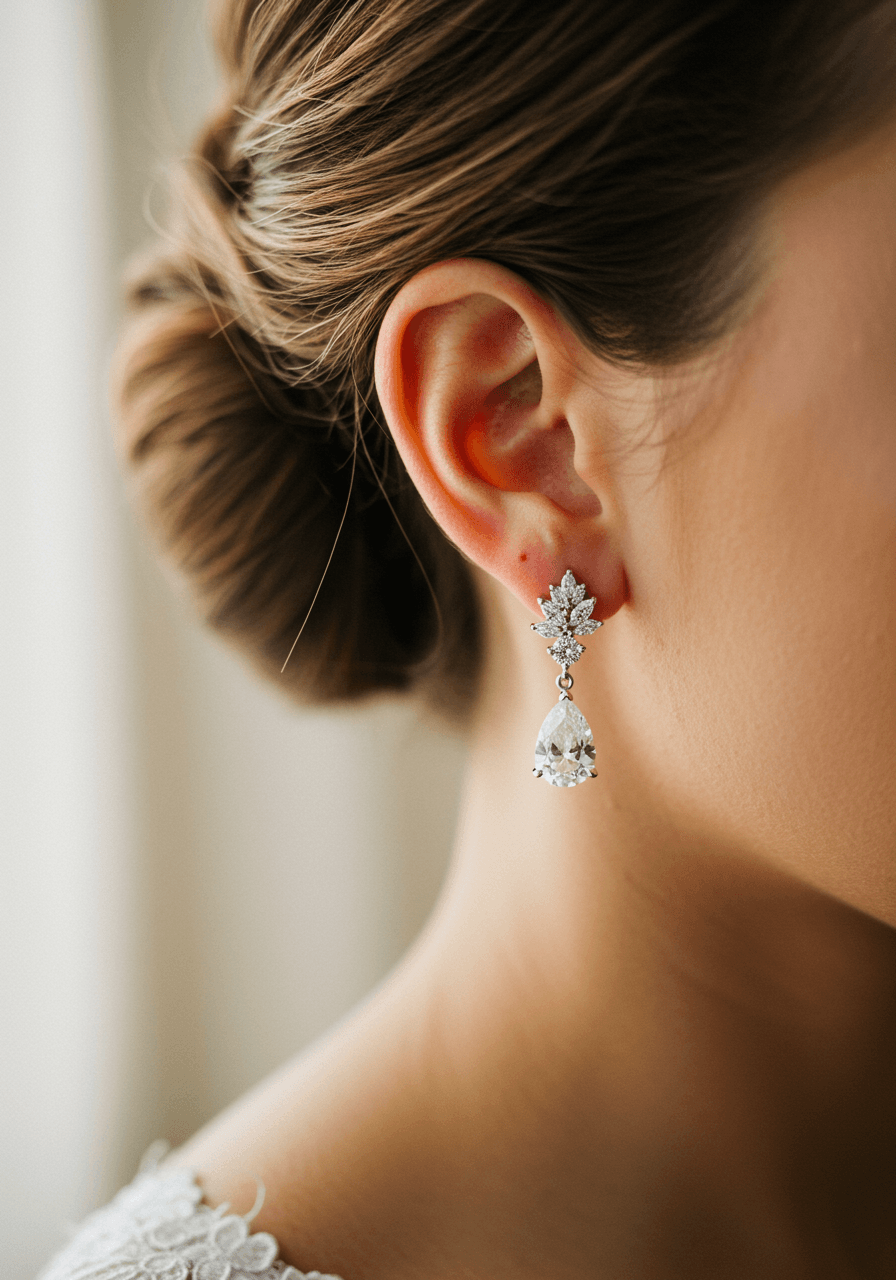 Pear-cut diamond drop earrings connected by delicate white gold chain worn by bride with romantic updo