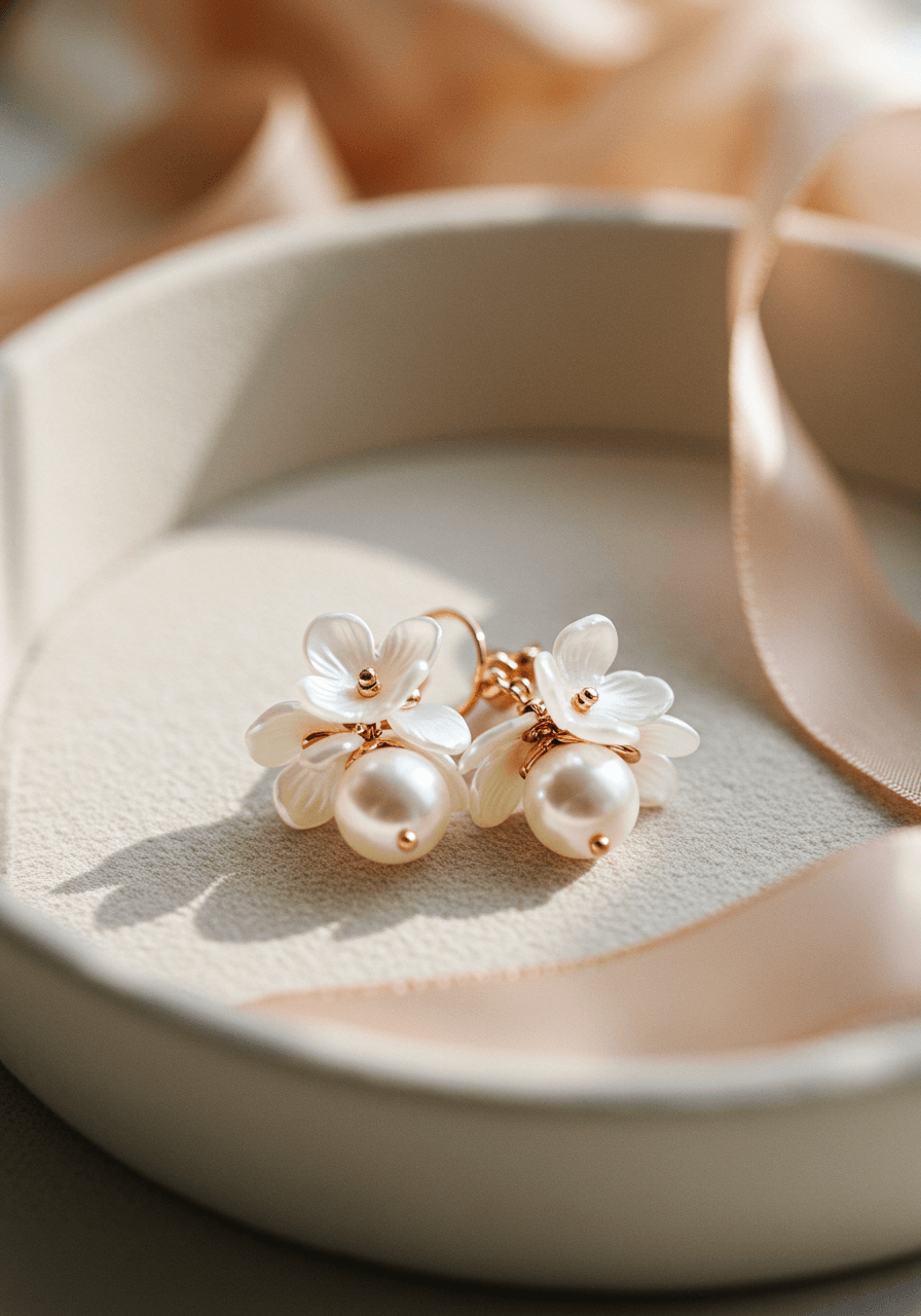 Pearl drop wedding earrings with mother-of-pearl flower petals in rose gold on ivory silk jewellery tray