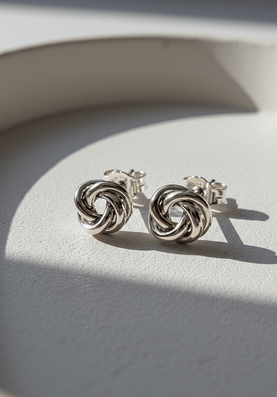Polished silver knot stud earrings with mirror finish on white silk tray in bright studio lighting