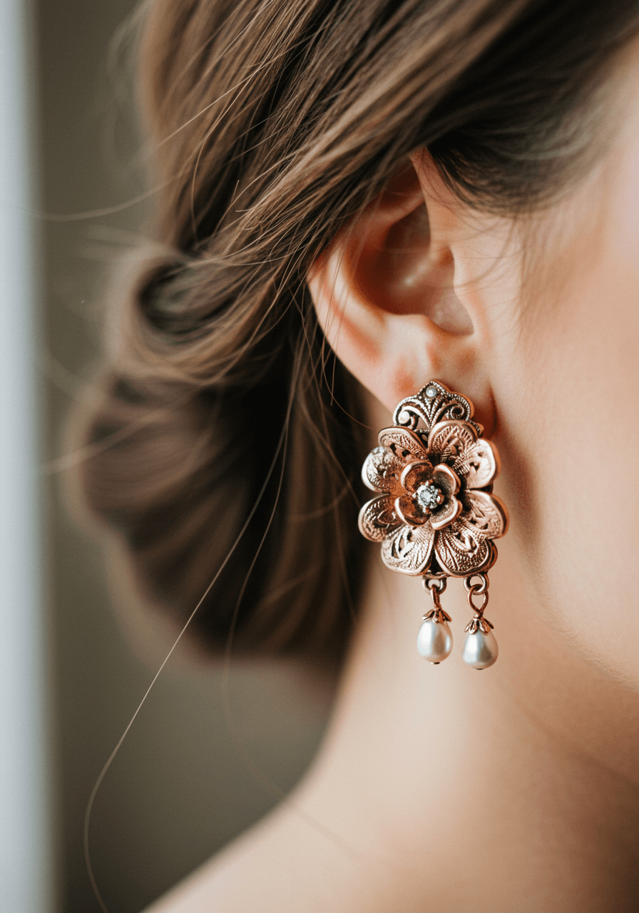 Antique rose gold floral drop earrings with intricate engravings and pearl accents worn by bride in morning light