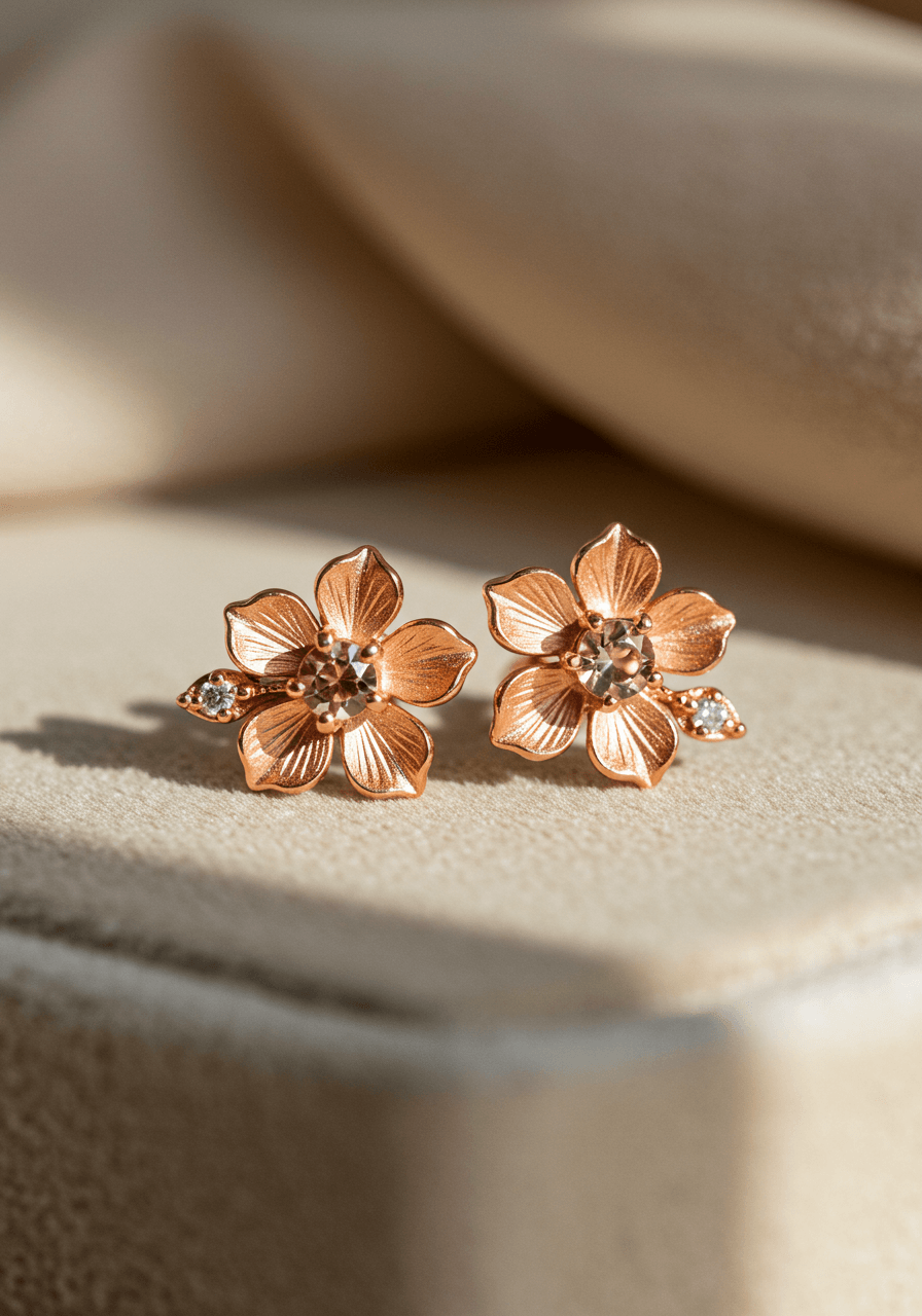 Whimsical rose gold floral stud earrings with pink morganite centres and diamond petal accents on cream silk tray