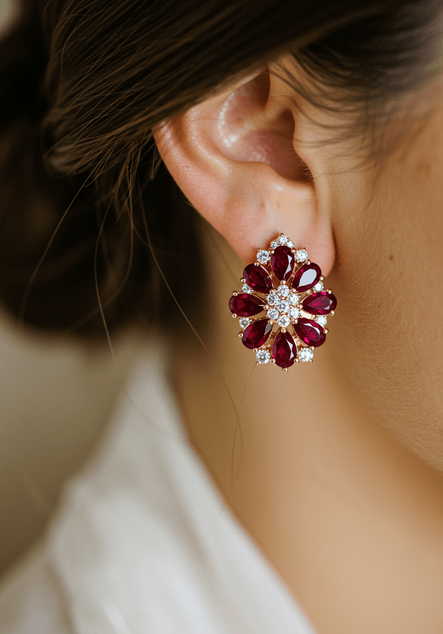 Romantic ruby cluster wedding earrings in rose gold with various cut stones worn by bride in golden hour lighting