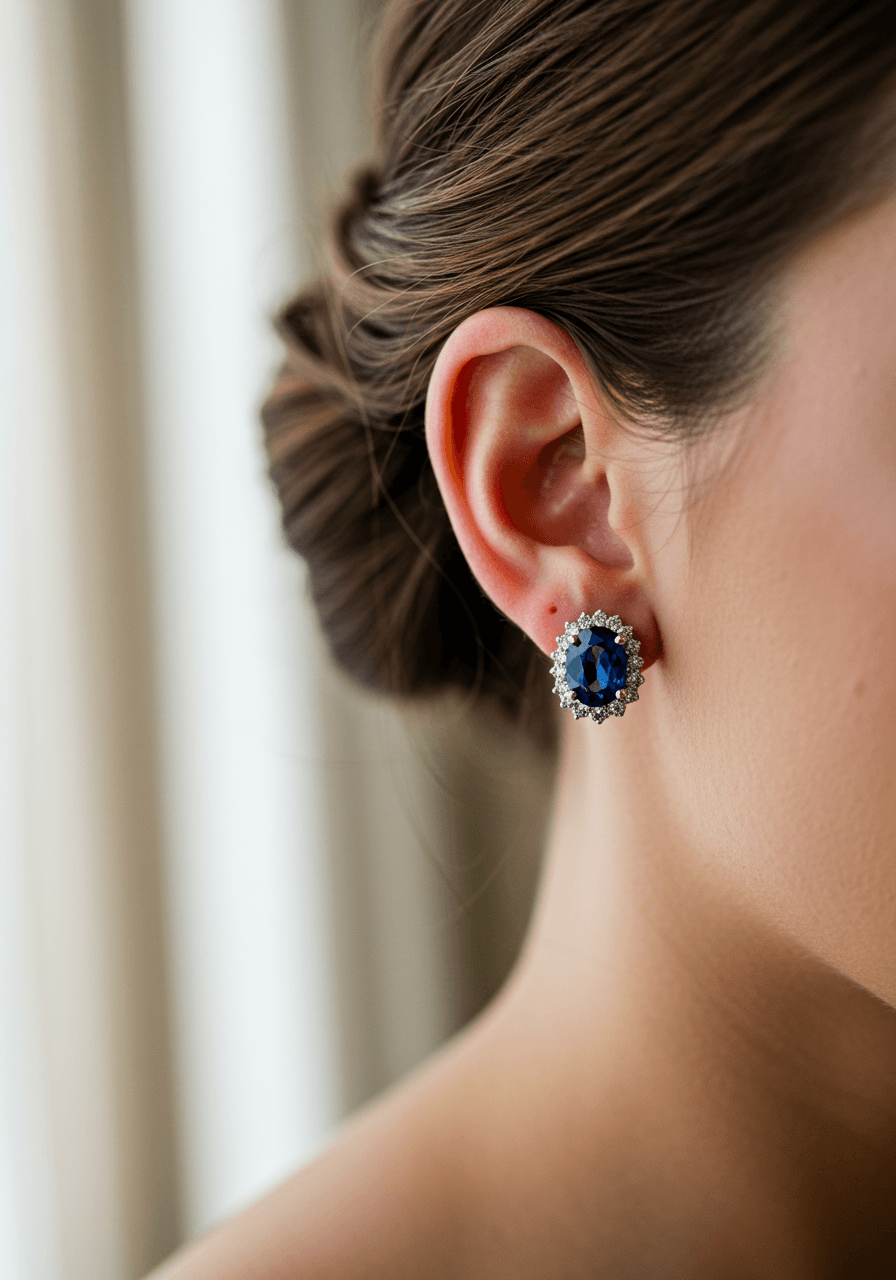 Elegant sapphire stud earrings with diamond halo worn by bride with updo in romantic bridal suite lighting
