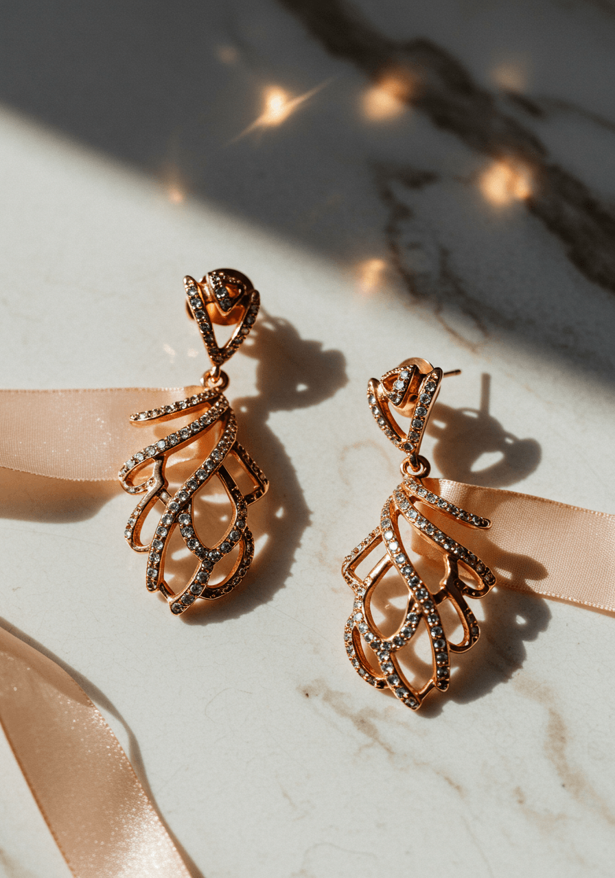Sculptural rose gold statement wedding earrings with geometric design and pavé diamonds on white marble surface
