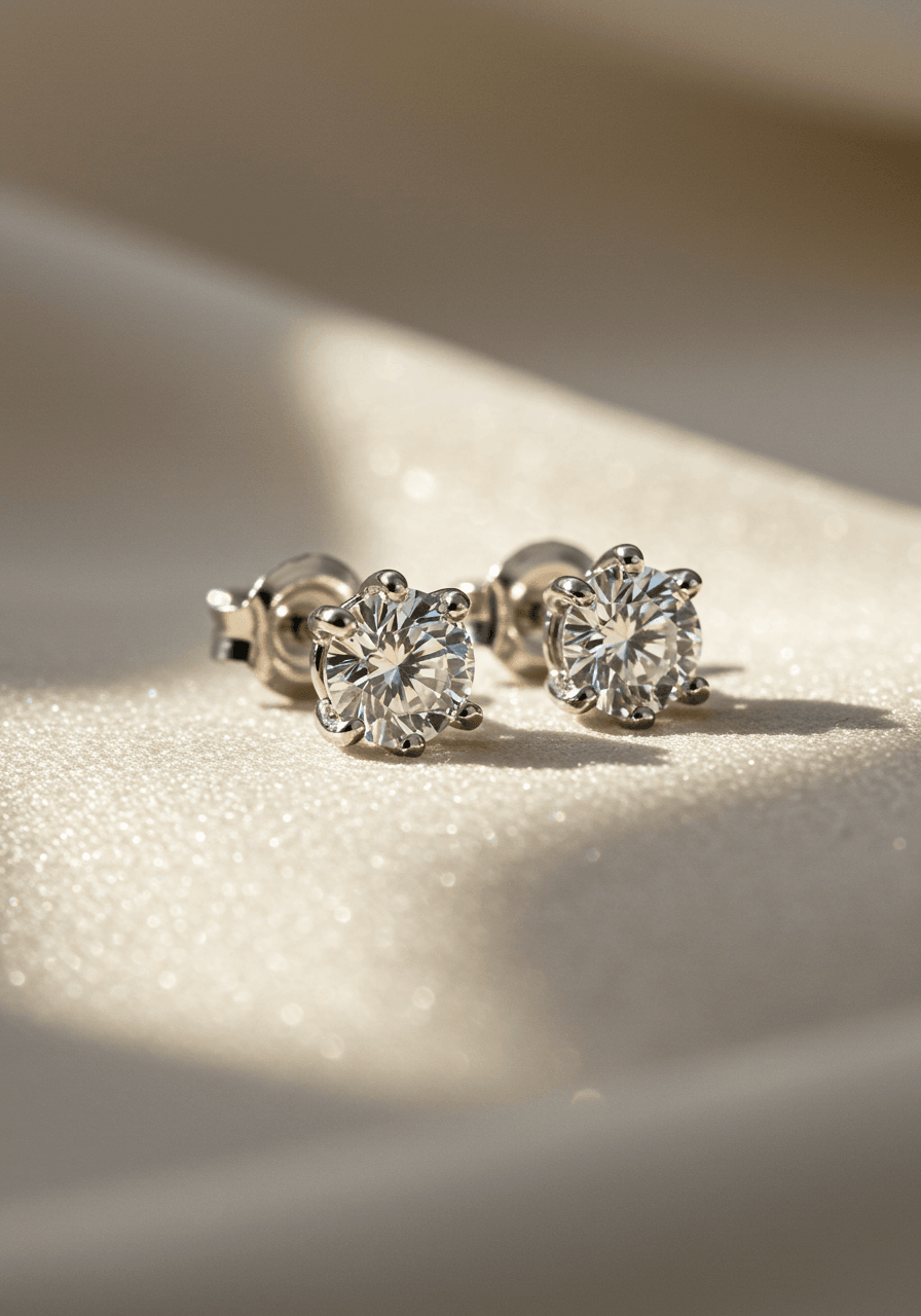 Classic solitaire diamond stud earrings on white silk display showcasing brilliant-cut diamonds in platinum settings