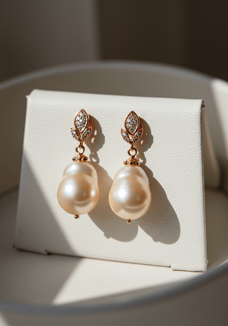 Lustrous South Sea baroque pearl drop earrings in rose gold with diamond accents on white silk jewellery tray