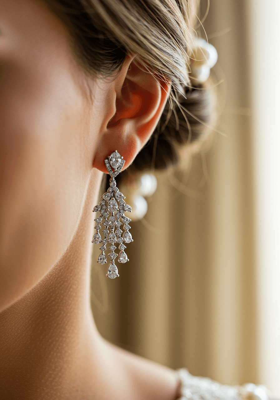 Waterfall diamond dangle earrings with cascading graduated stones worn by bride with soft updo in golden hour