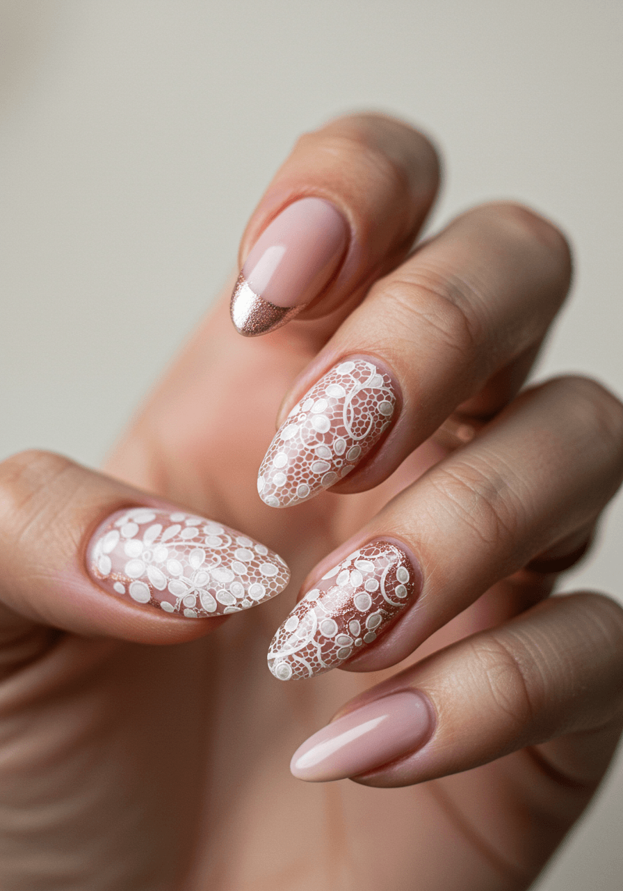 Antique lace pattern nails in blush pink and pearl white with vintage doily motifs and rose gold detailing
