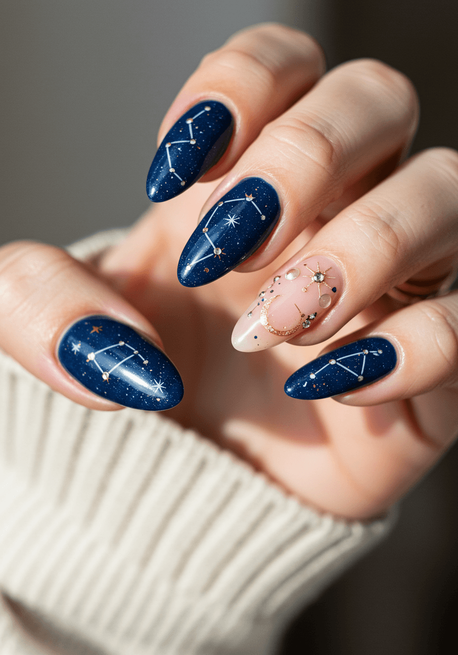 Navy blue constellation map nails with silver and gold star patterns, rhinestone details, and crescent moon accent nail