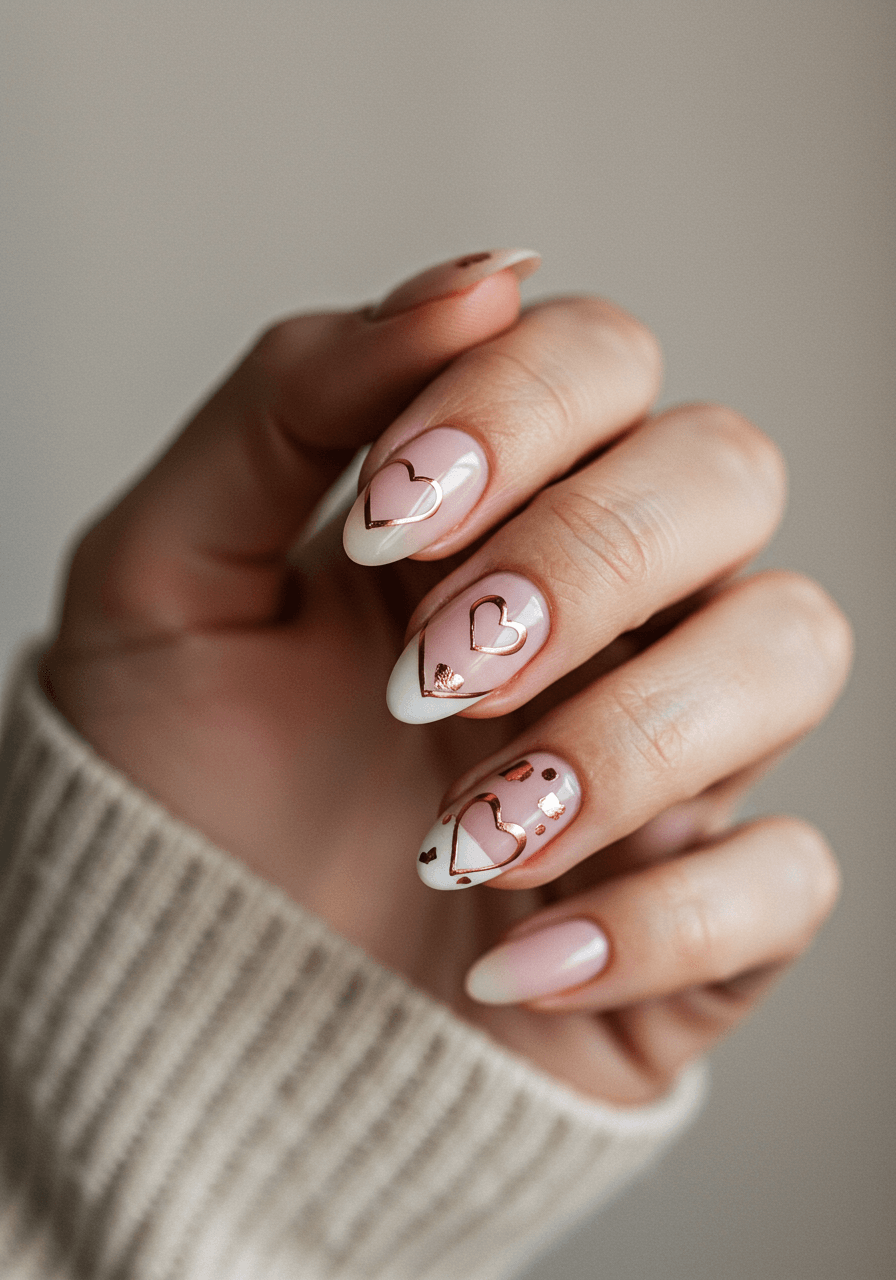 Elegant rose gold heart outline nail art on blush pink and ivory base with delicate metallic foil details