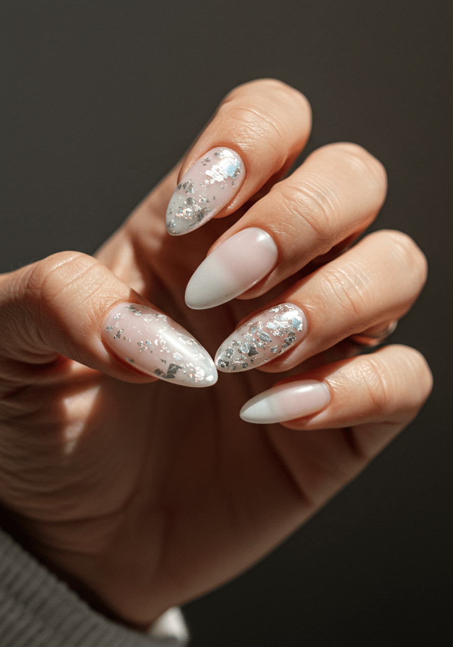 Frosted glass finish wedding nails with translucent white and pearl base, silver foil accents, and iridescent shimmer