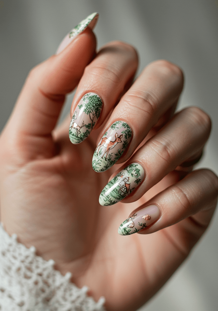 Enchanted forest toile nail art featuring tiny woodland creatures, trees, and cottages in sage green and cream tones