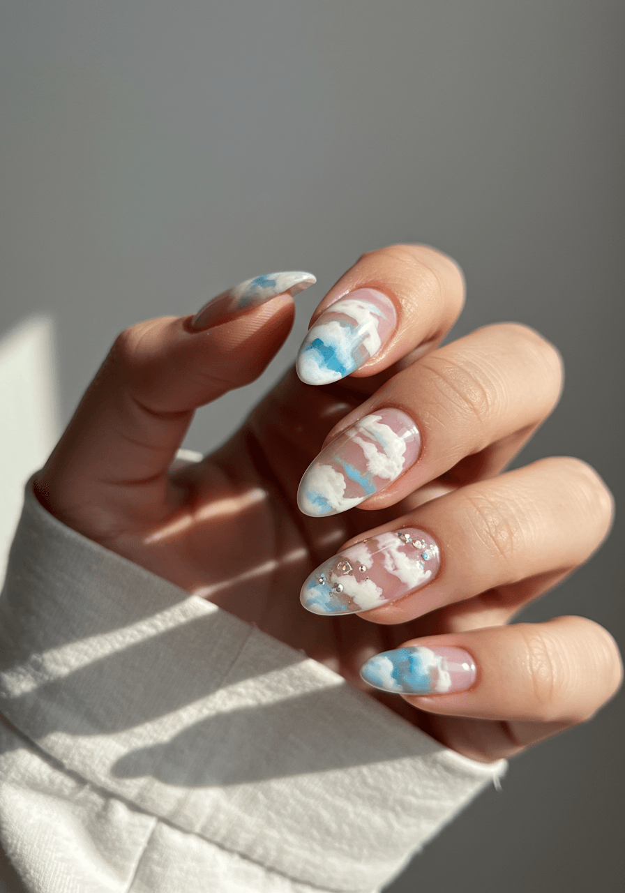 Ethereal cloud-themed nail art with powder blue and cream formations and crystalline droplet details on pearl base