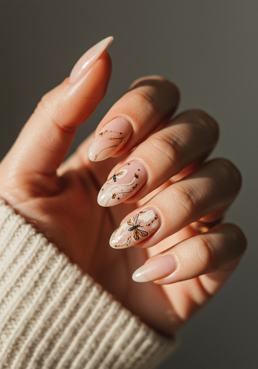 Twinkling firefly nail art with golden dots, shimmering flight paths, and metallic accents on dreamy base colours