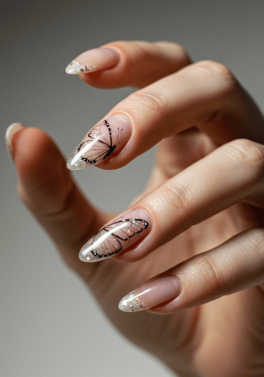Glasswing butterfly nail art with transparent wings, black veining, opalescent shimmer, and champagne base tones