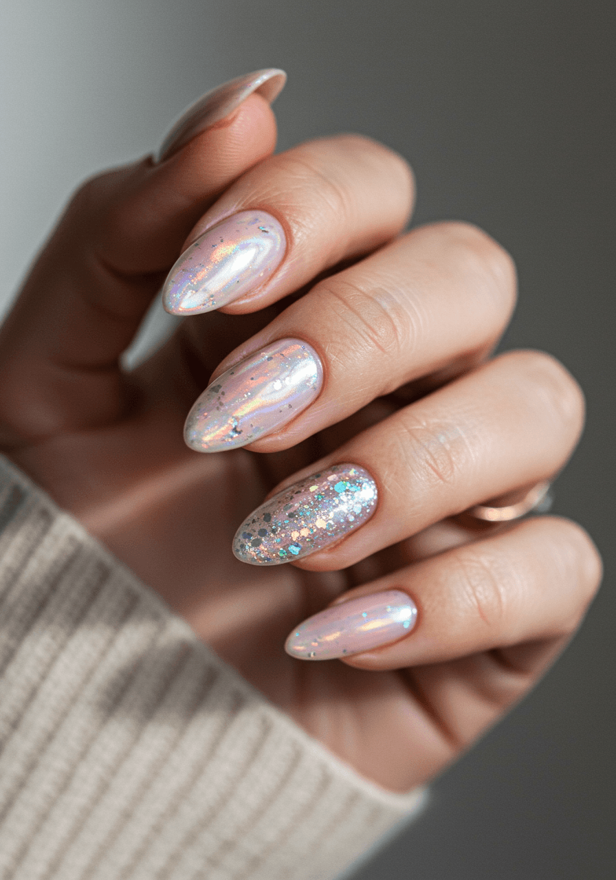 Holographic fairy dust shimmer nails with silver and pearl overlays on blush pink base creating iridescent sparkle effects