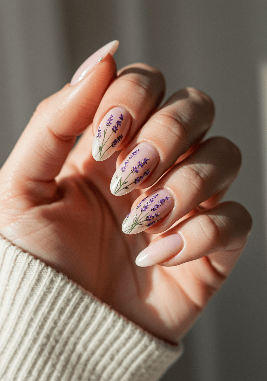 Delicate lavender sprig nail art with hand-painted purple flowers and stems on nude base with silver metallic accents