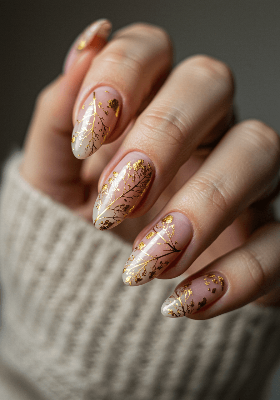 Gilded leaf vein nail art with delicate gold veining patterns on sheer nude base mimicking natural leaf structures