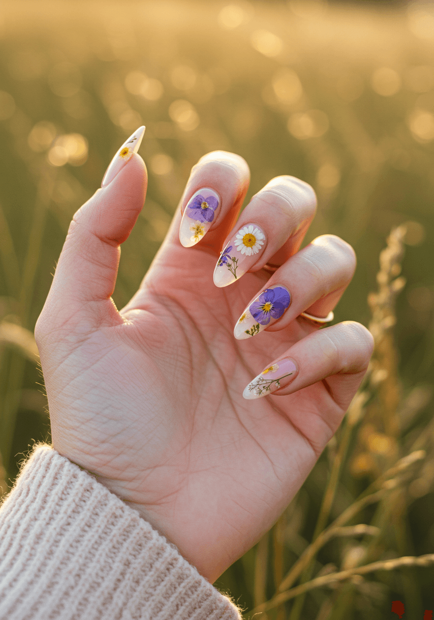 Elegant almond-shaped nails with real pressed wildflowers embedded under clear topcoat, featuring violets and daisies on nude base