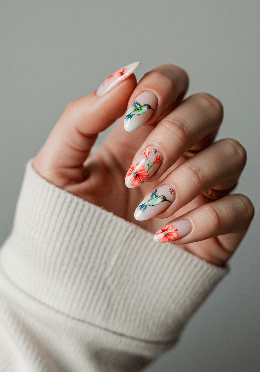 Hummingbird and hibiscus nail art with iridescent birds and coral pink flowers on pastel base with gold accents