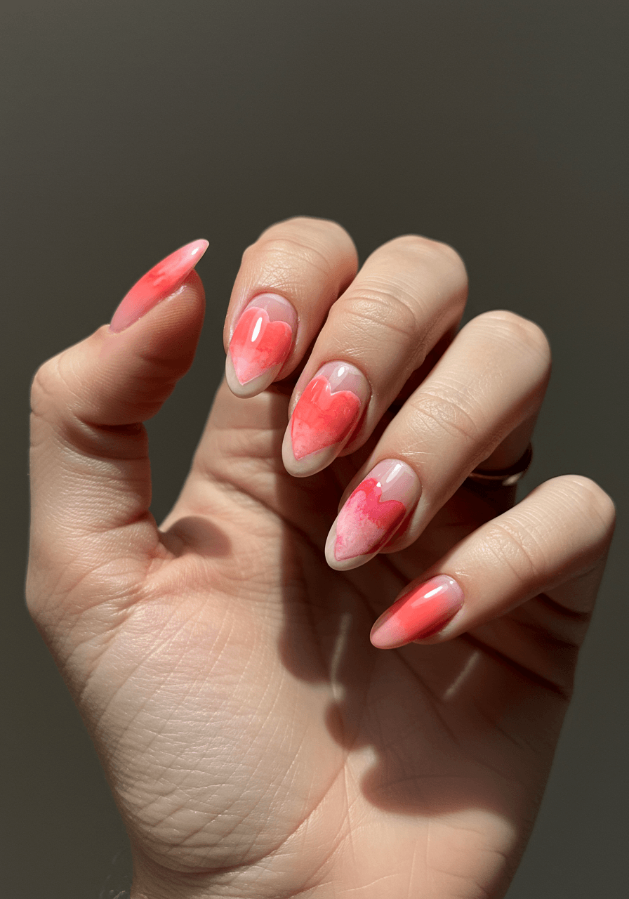 Watercolour heart nail art with translucent coral and dusty rose aquarelle patterns and gradient colour blending effects