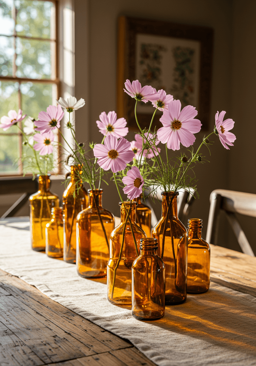 Collection of amber glass bud vases with single pink cosmos stems clustered on rustic wooden farmhouse table