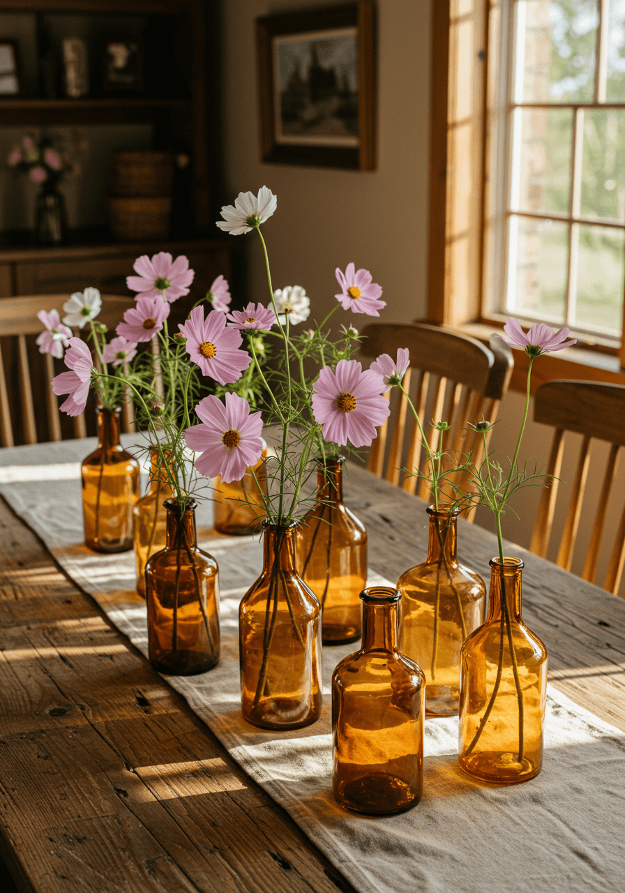 Varying height amber glass vases with cosmos flowers on cream linen table runner in cottage dining room