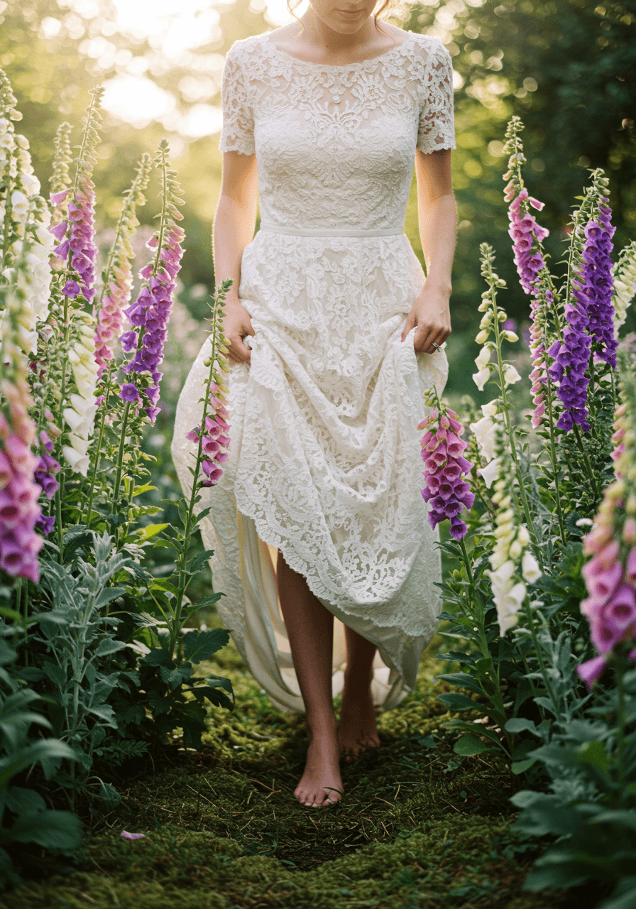 Bride in bohemian lace dress walking down natural aisle lined with towering foxglove and delphinium arrangements